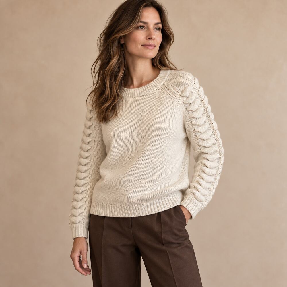 Zoe Jordan Cream Cashmere Wool Sculptural Sleeve Sweater S/M